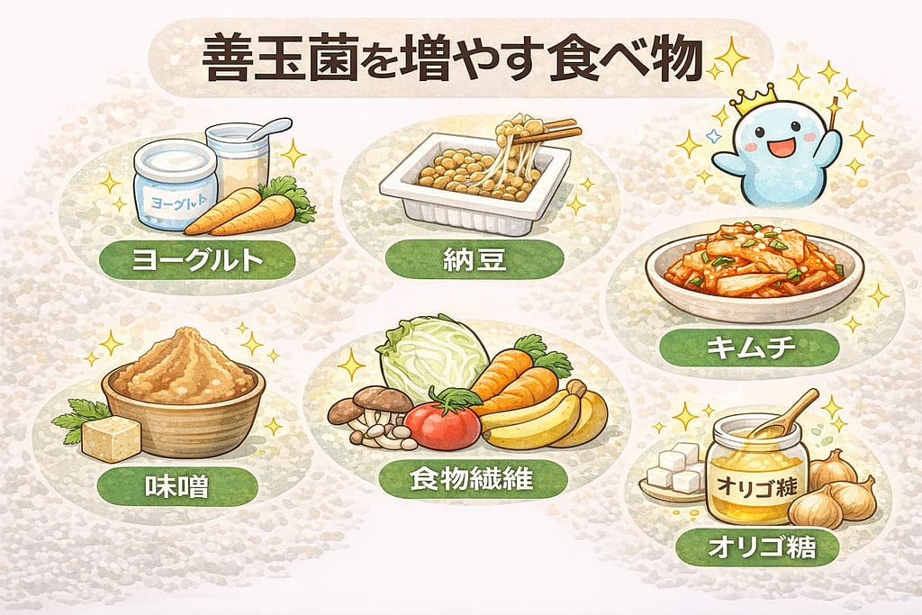 善玉菌を増やす食べ物の例をまとめたイラスト。ヨーグルト、納豆、キムチ、味噌などの発酵食品と、食物繊維（野菜・きのこ・果物）、オリゴ糖が腸内の善玉菌を増やす食品として紹介されている図。