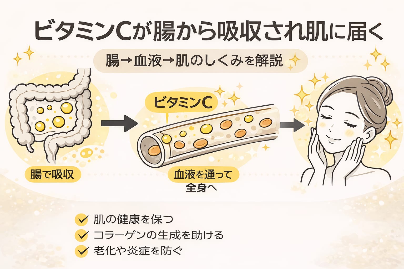 ビタミンCが腸から吸収され血液を通って肌に届く仕組みの図解