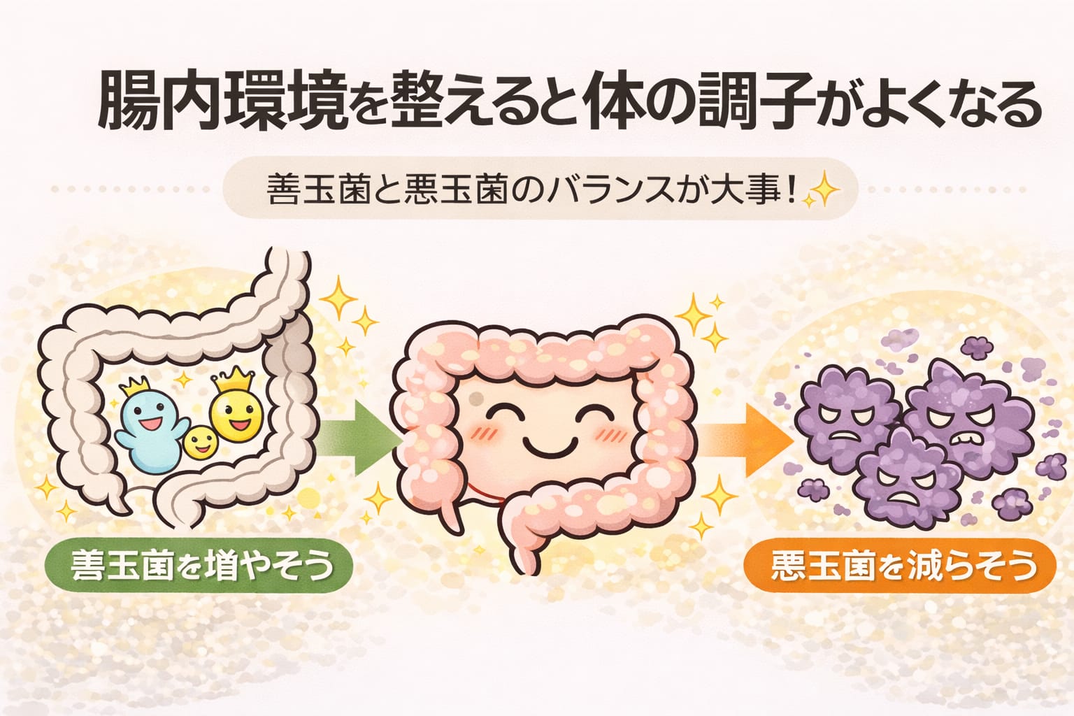 腸内環境を整えると体の調子がよくなる仕組みを示した図。善玉菌を増やし悪玉菌を減らすことで腸内環境を改善するイメージ